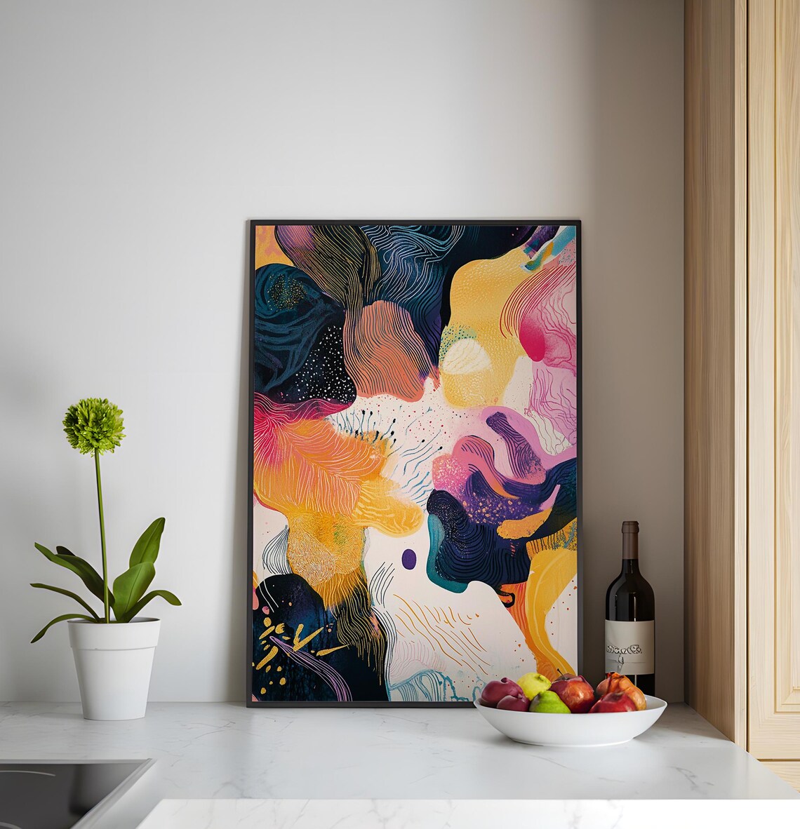 Vibrant Flowing Line Abstract Art Print Navy Pink Yellow Modern