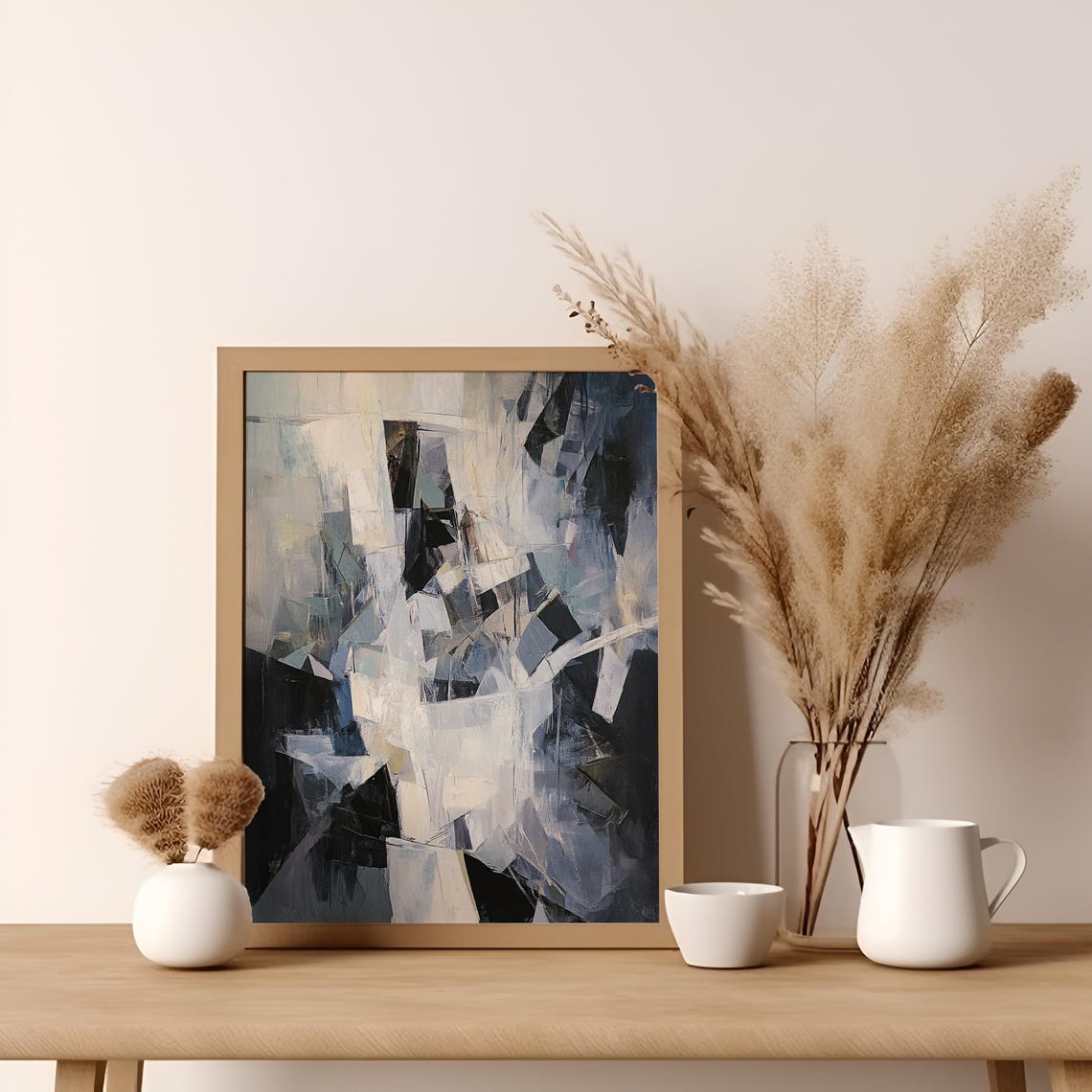 Monochrome Cubist Geometric Abstract Faceted Shapes Painting Poster - Image 3