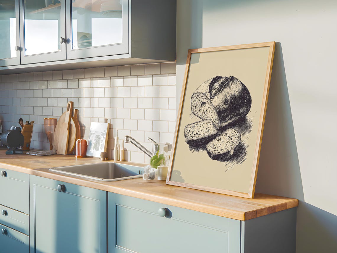 Vintage Bread Loaf Pencil Sketch Rustic Farmhouse Kitchen Art Poster - Image 3