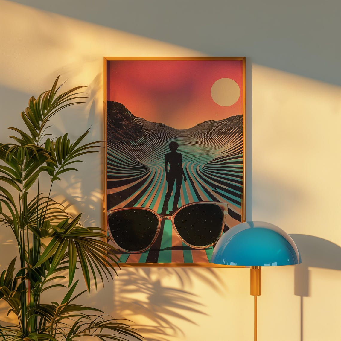 Retro Desert Mirage Sunglasses Silhouette Striped Sunset Road Poster - Image 4