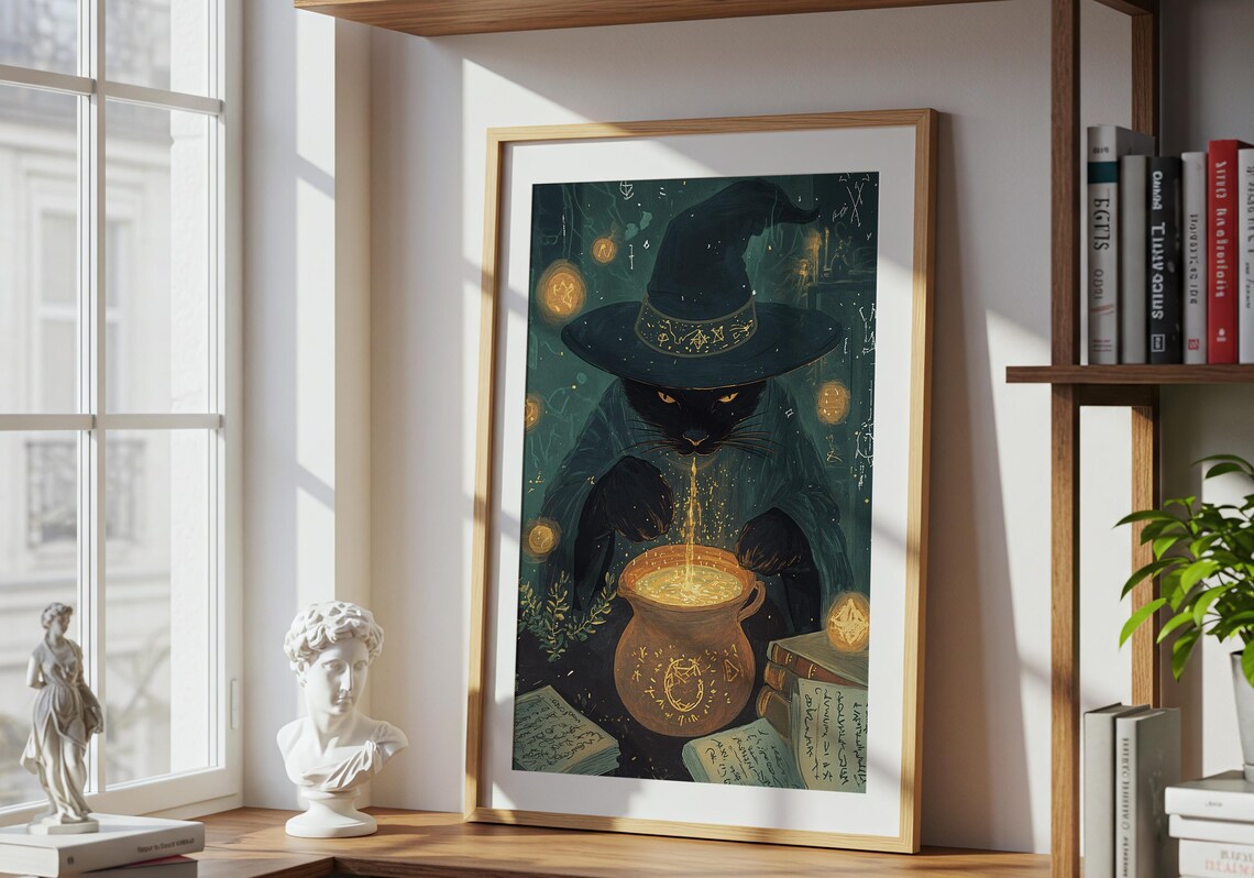 Witch Cat Stirring Golden Cauldron Spell Books Floating Orbs Fantasy Wall Art - Image 3