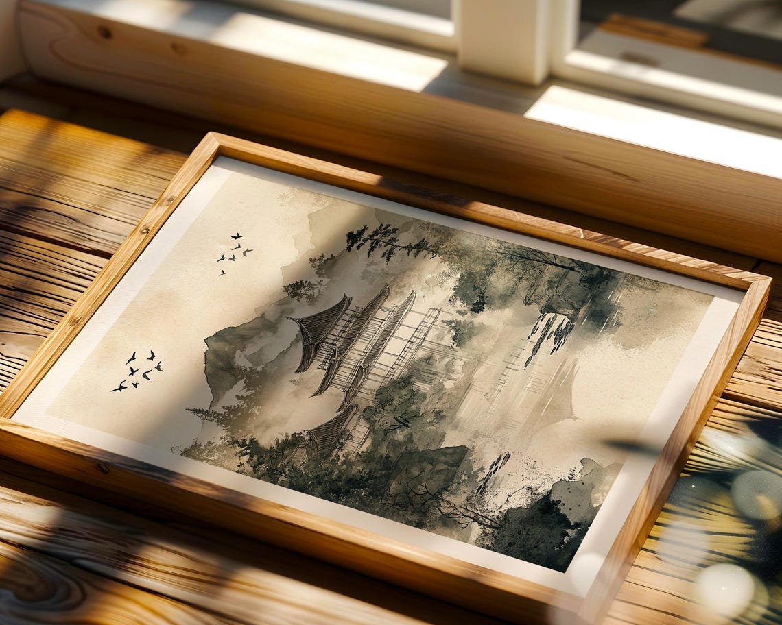 Japanese Pagoda Misty Mountain Ink Wash Temple Landscape Poster - Image 4