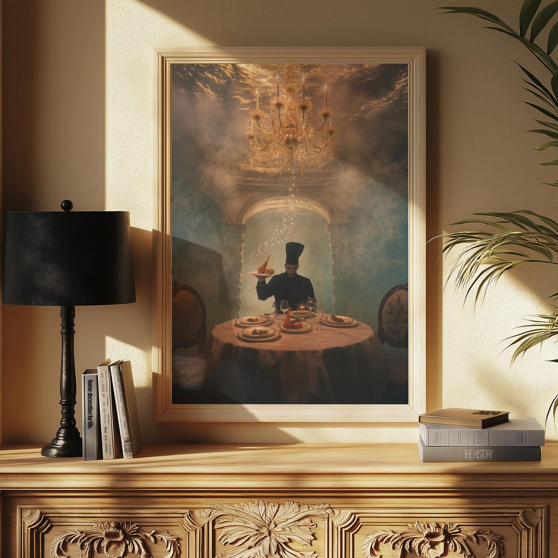 Chef Serving Candlelit Feast Chandelier Dreamy Dining Room Art Poster