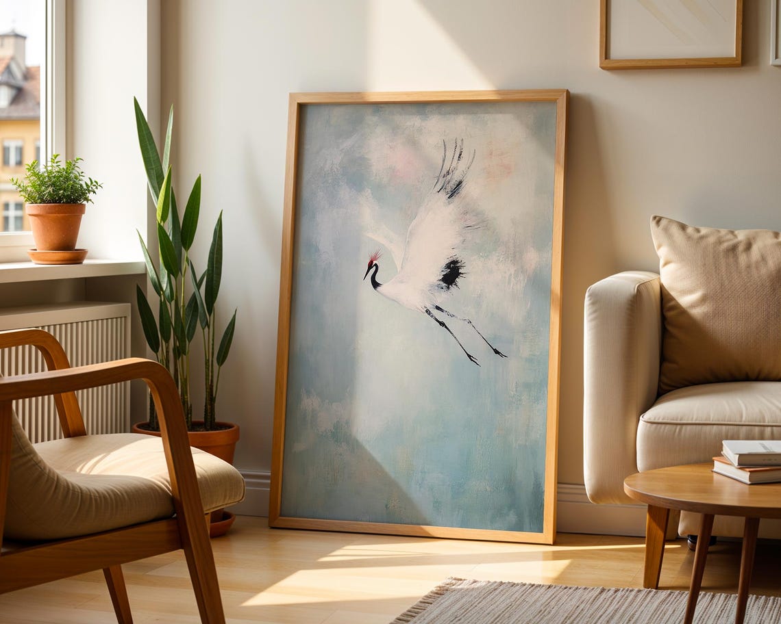 Graceful Flying White Crane Japanese Minimalist Watercolor Poster - Image 5