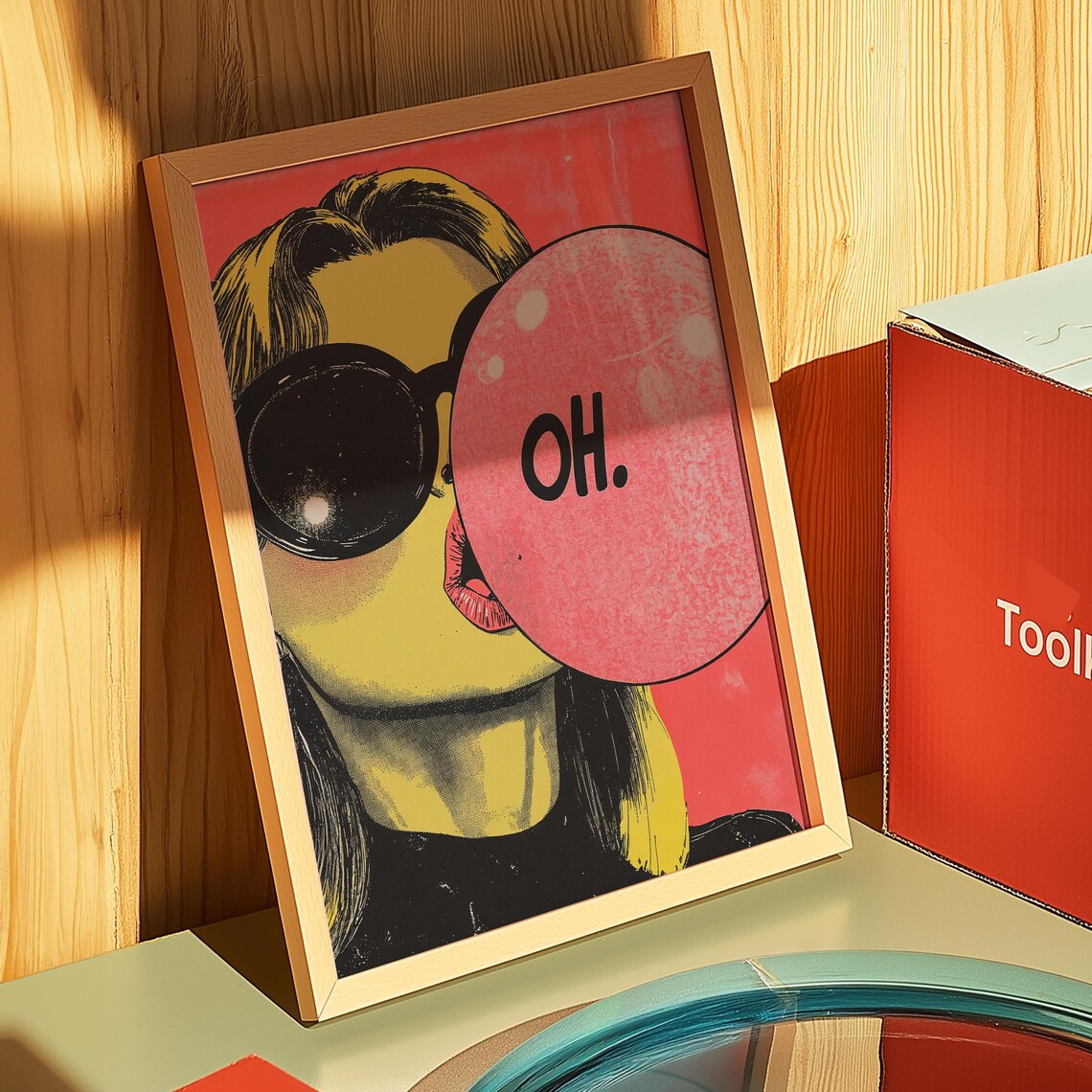 Pop Art Bubblegum Girl Blowing Bubble Oh Text Retro Comic Style Wall Art - Image 2