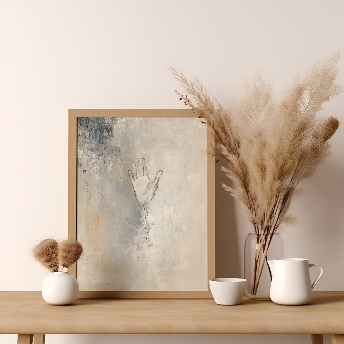 Faint Raised Hand Neutral Textured Beige Abstract Painting Poster