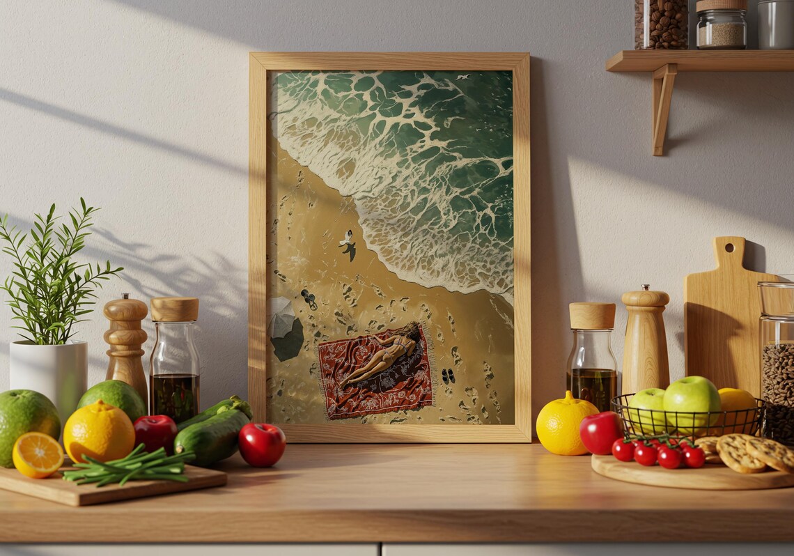 Aerial Beach Sunbather Red Blanket Turquoise Waves Golden Sand Coastal Wall Art - Image 2