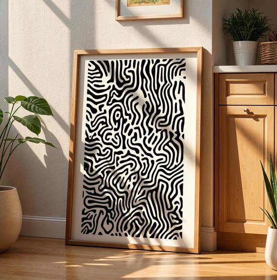 Abstract Maze Art Print Black White Geometric Poster Modern Minimalist Wall Bold Optical Home Decor