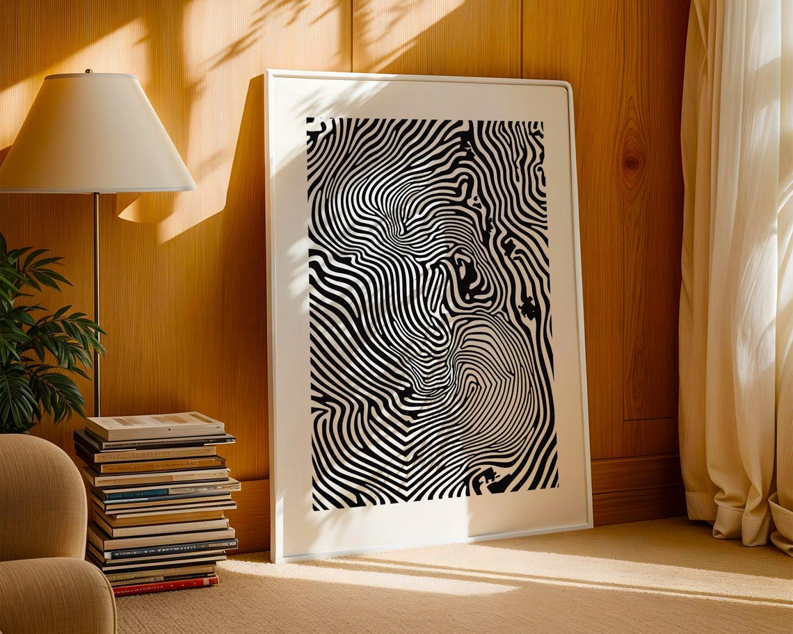 Black White Zebra Optical Illusion Waves Modern Line Art Poster - Image 2