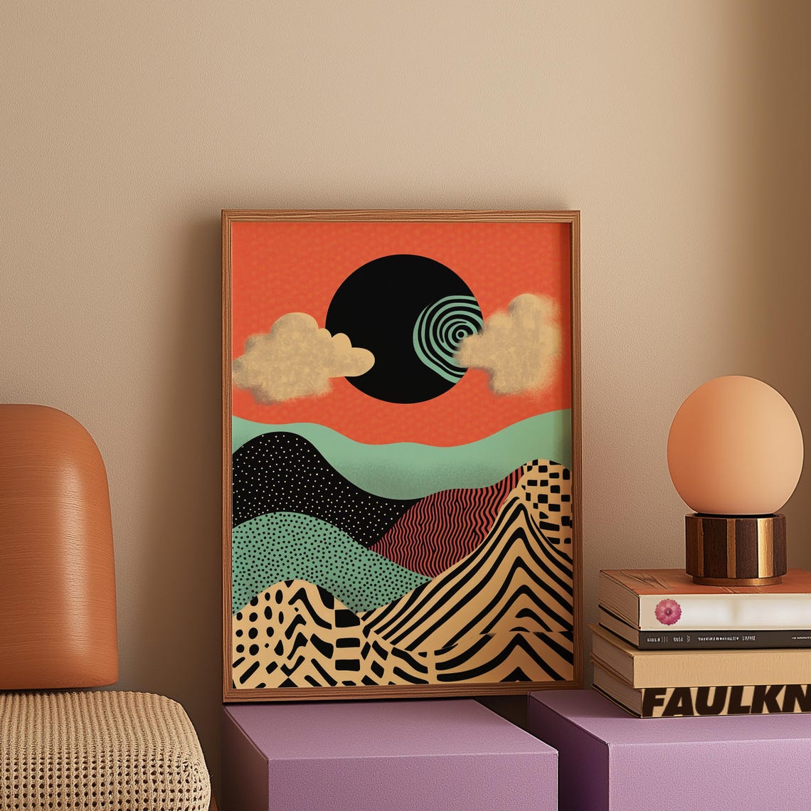 Black Sun Eclipse Coral Sky Patterned Waves Graphic Art Poster - Image 5