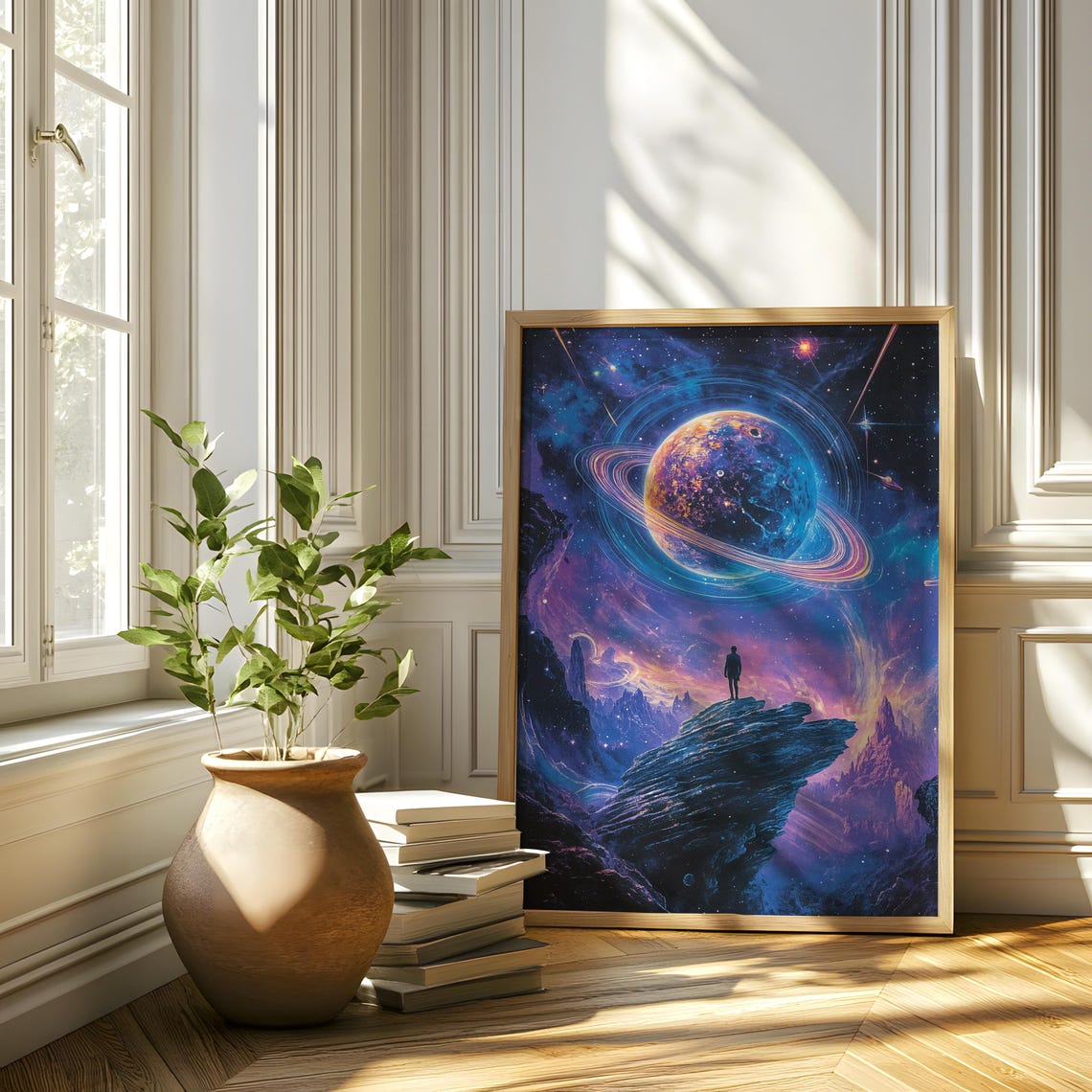 Ringed Planet Cosmic Vista Lone Figure Alien Landscape Sci Fi Poster - Image 2