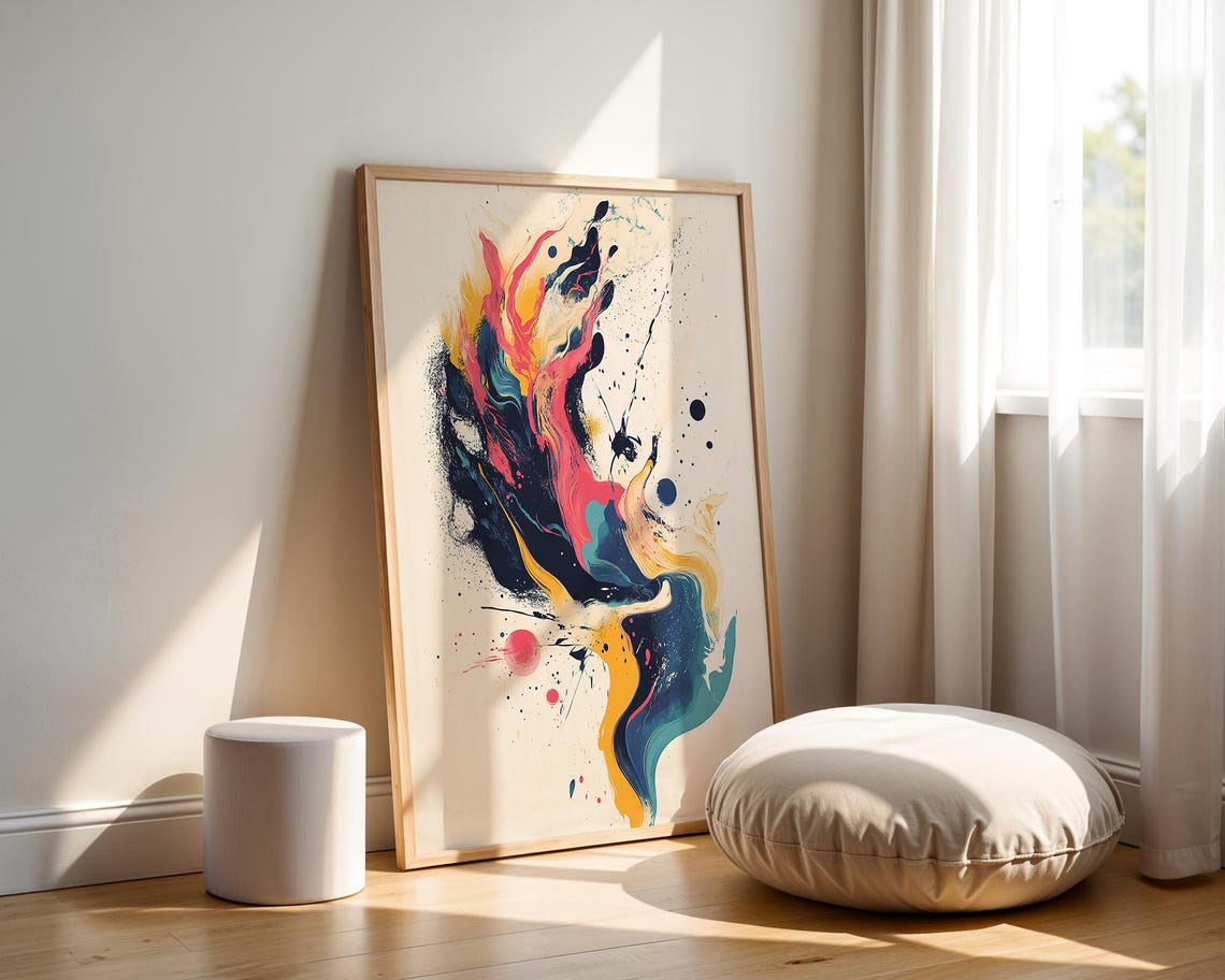 Bold Fluid Abstract Art Print Navy Pink Teal Ink Swirl Painting - Image 4