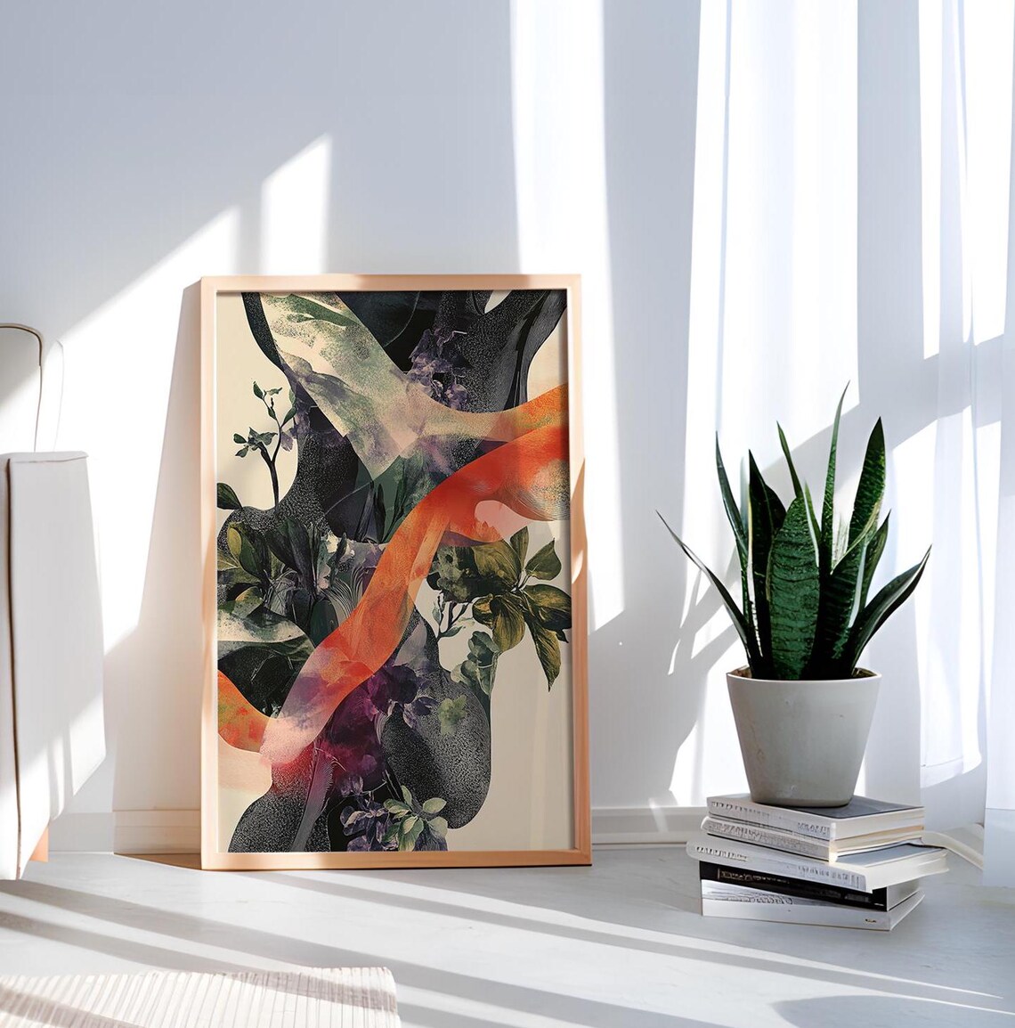Ethereal Botanical Dark Foliage Orange Ribbon Modern Nature Art Poster