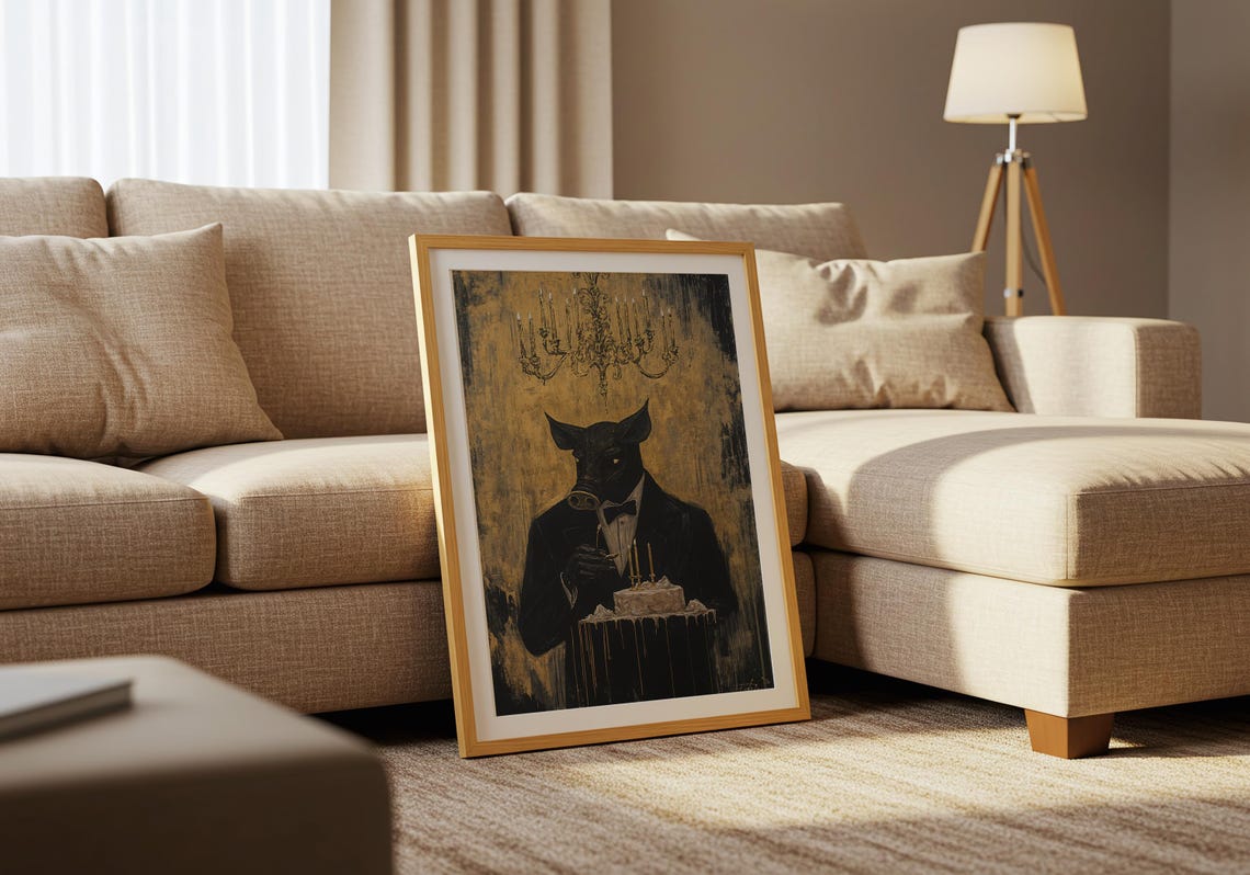 Gothic Pig Gentleman Tuxedo Monocle Cake Gold Vintage Dark Poster - Image 5
