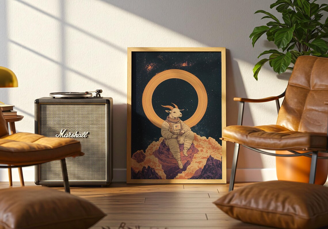 Surreal Goat Astronaut on Cosmic Mountain Golden Halo Vintage Space Wall Art - Image 4
