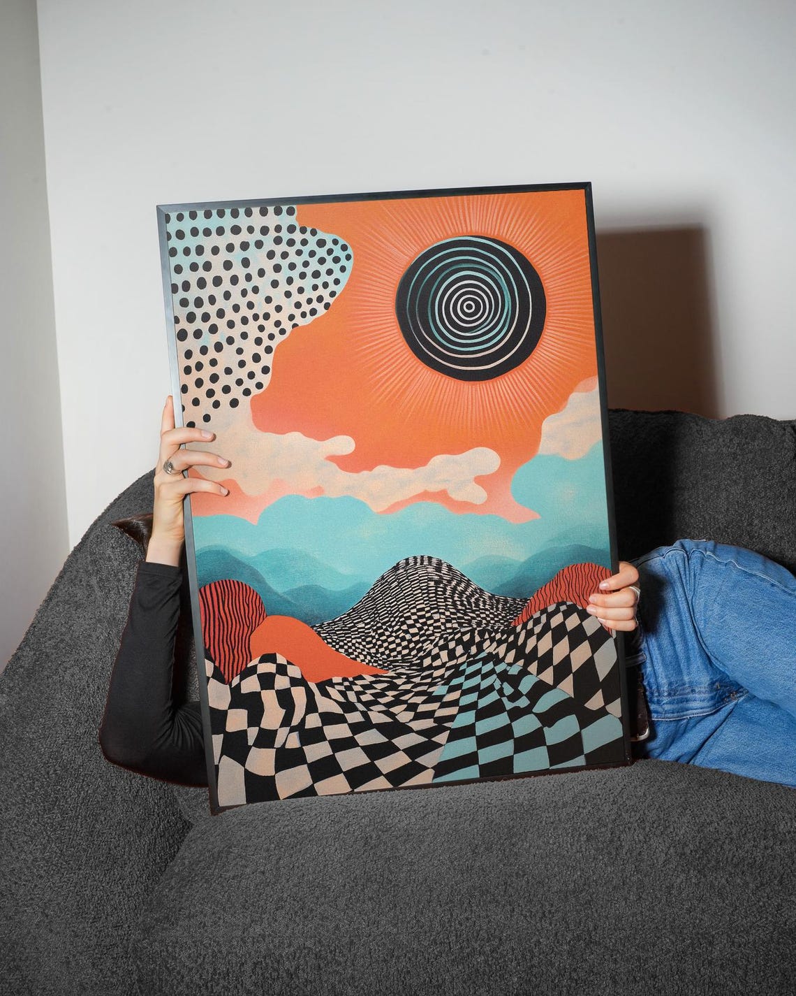 Psychedelic Checkerboard Hills Spiral Sun Retro Landscape Poster