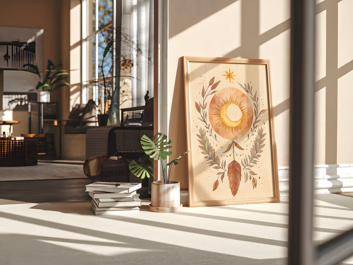 Boho Sun Moon Celestial Art Poster Leaf Wreath Feather Decor - Image 5