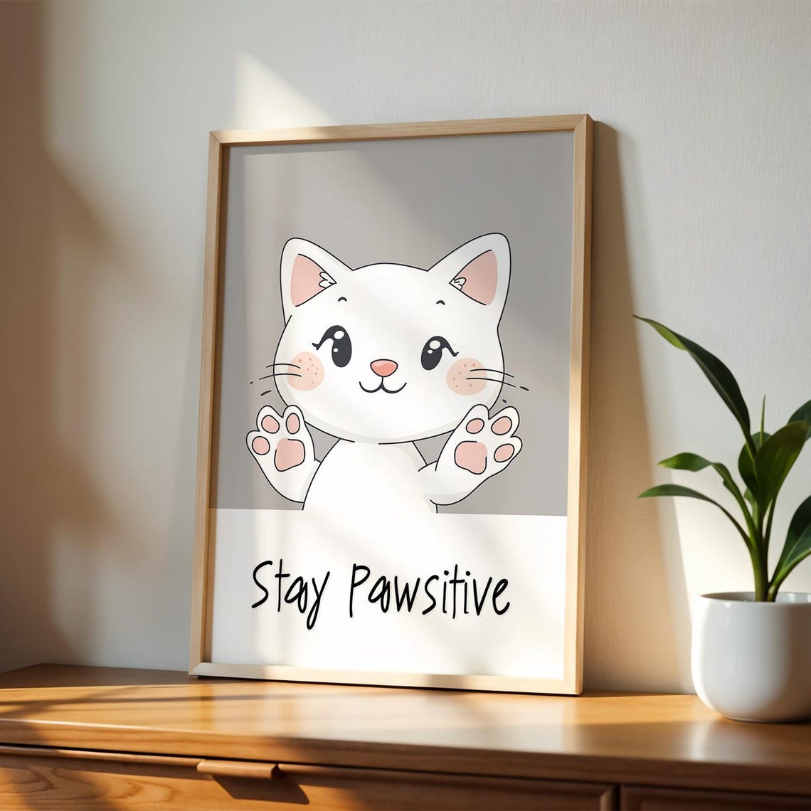 Stay Pawsitive Art Print Cute Cat Motivational Poster Kawaii Animal Wall Whimsical Nursery Office Decor
