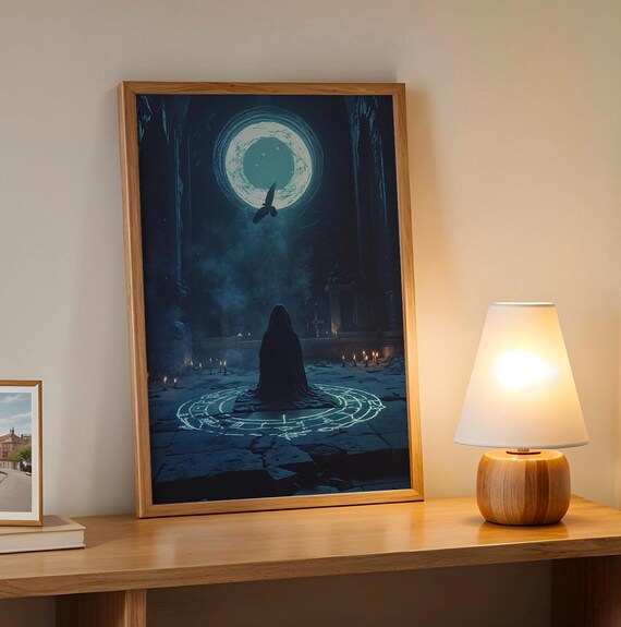 Hooded Figure Moon Portal Crow Ritual Dark Fantasy Art Poster