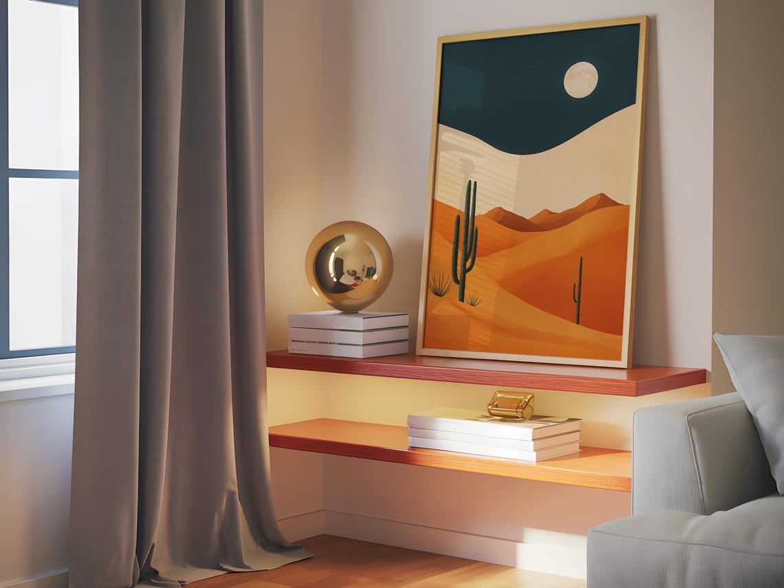 Minimalist Orange Dunes Teal Night Moon Modern Desert Poster - Image 4