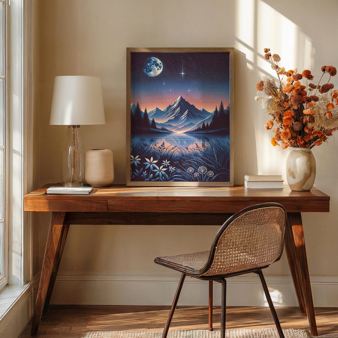 Moonlit Mountain Lake Night Sky Wildflower Dreamy Landscape Poster - Image 2