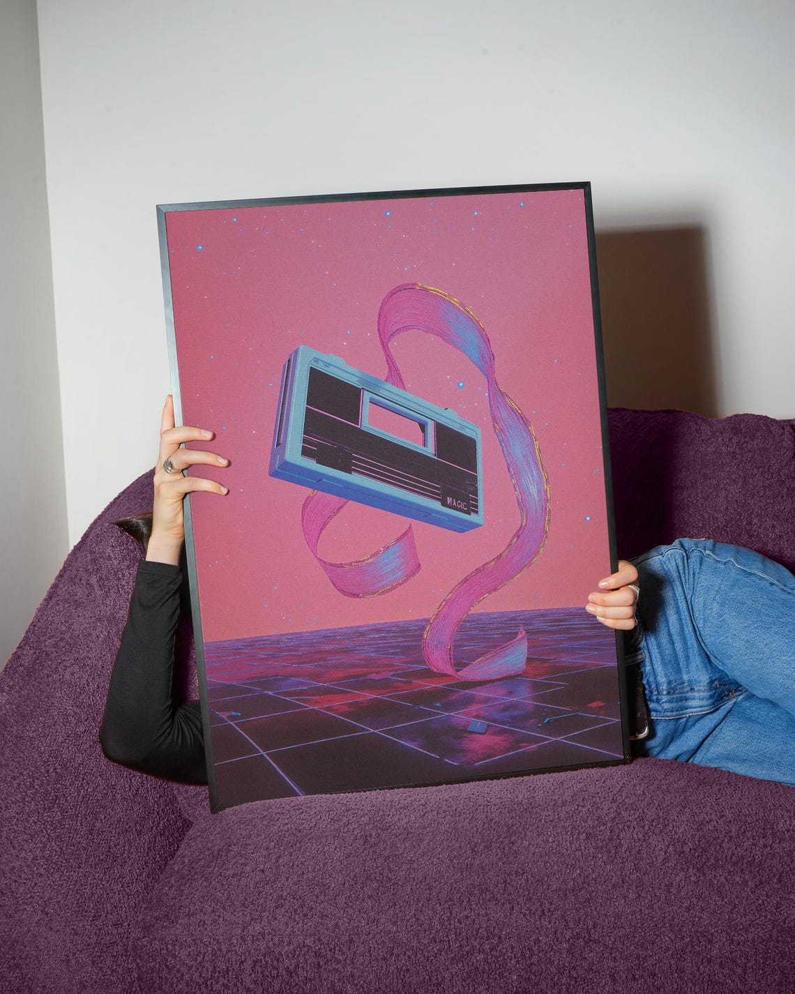 Retro Boombox Synthwave Grid 80s Neon Magic Music Vibe Poster
