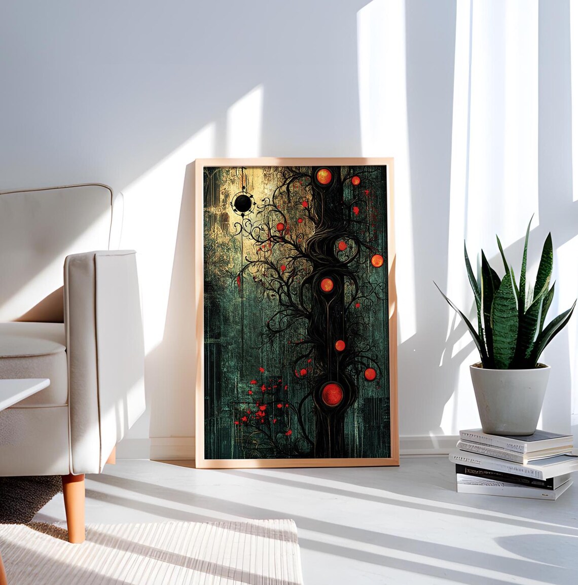 Enchanted Dark Tree Glowing Red Orbs Mystical Forest Fantasy Art Poster