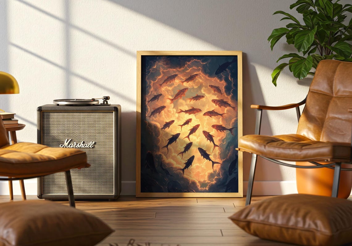 Fish Swimming Golden Clouds Dreamlike Ocean School Sky Ethereal Poster - Image 4