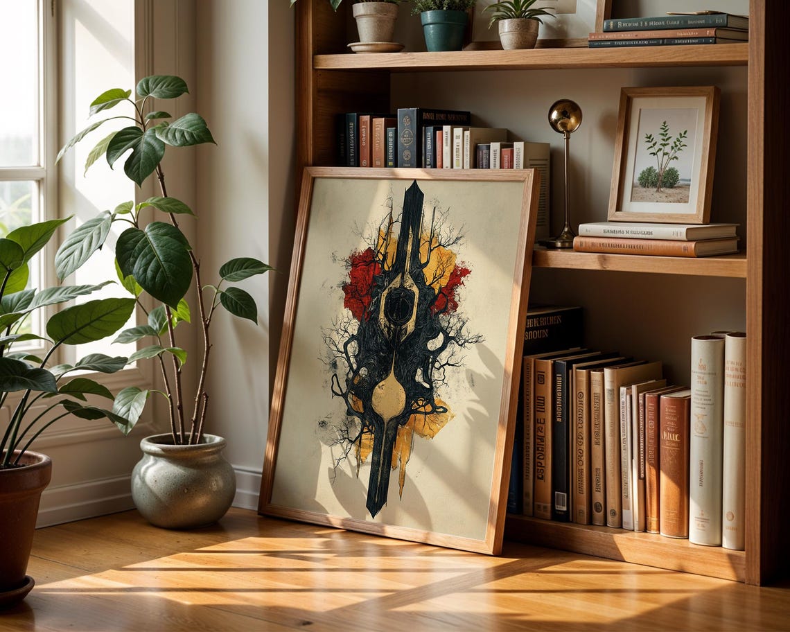Dark Symbolic Tree Abstract Emblem Red Gold Minimal Mystic Art Poster - Image 2