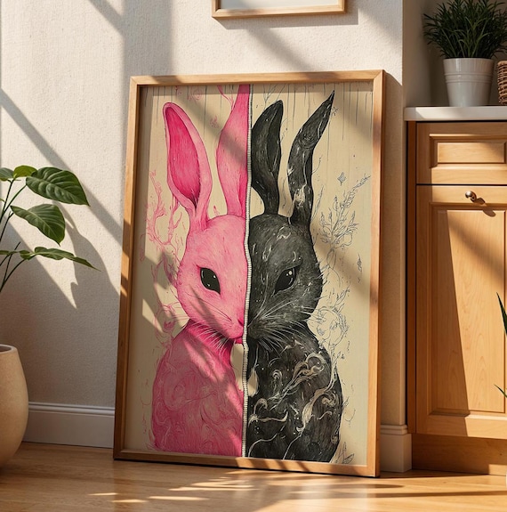 Split Pink Black Rabbit Zipper Surreal Duality Bunny Art Poster