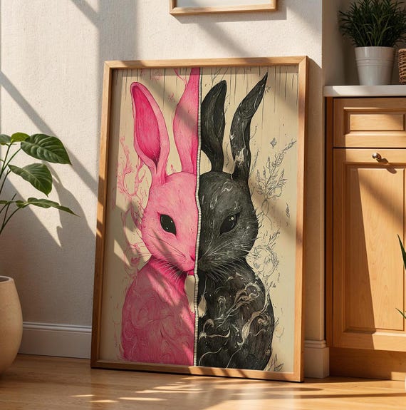 Surreal Bunny Art Print Gothic Fantasy Wall Dark Light Rabbit Poster Animal Decor Unique Artwork