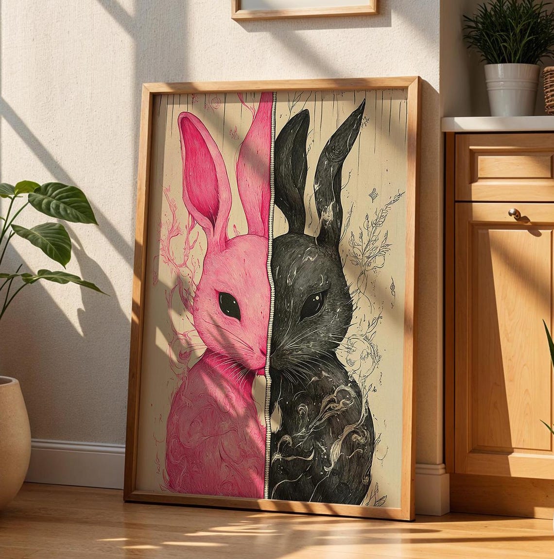 Split Pink Black Rabbit Zipper Surreal Duality Bunny Art Poster