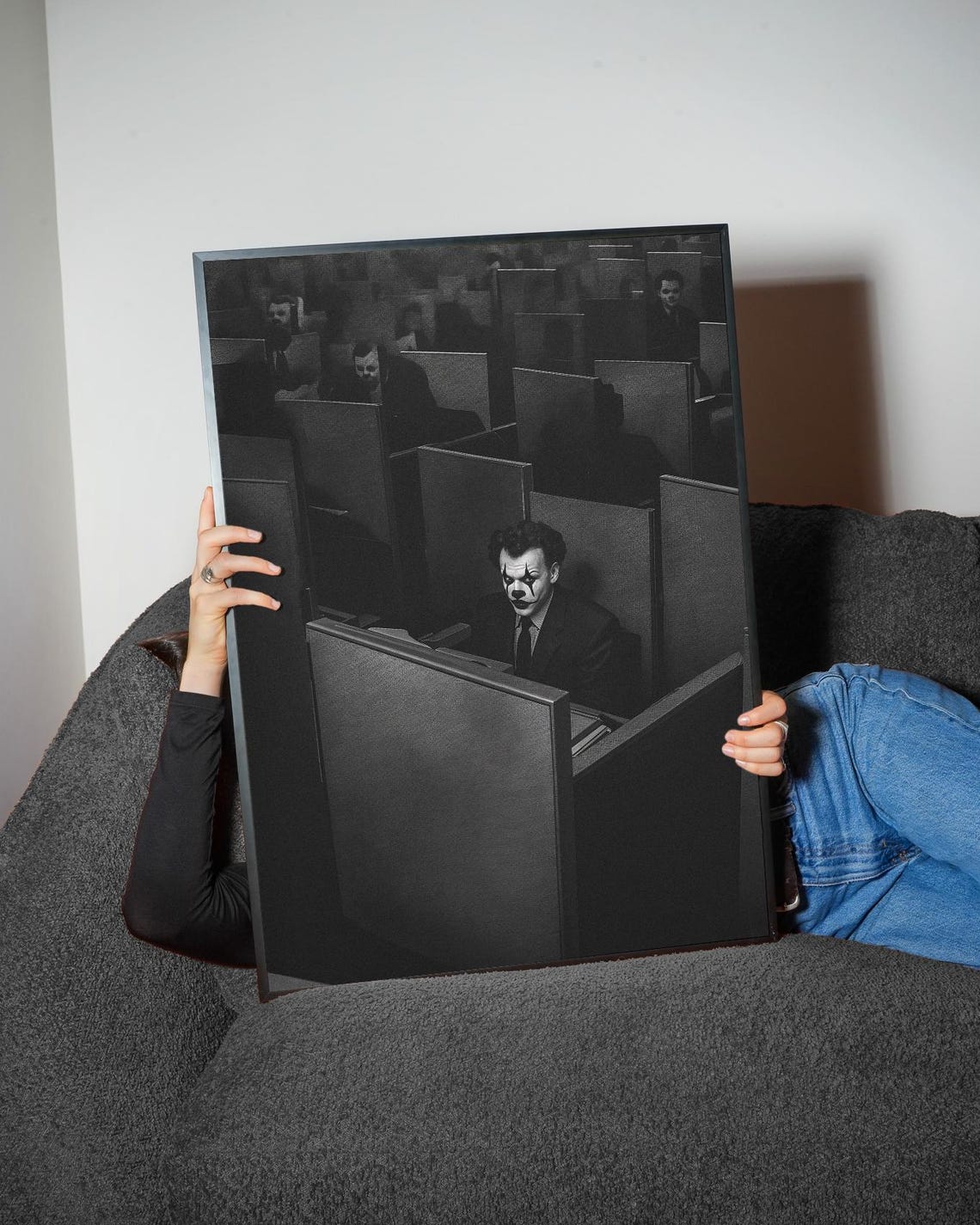 Lonely Clown in a Dark Grey Office Cubicle Maze Black White Poster - Image 4
