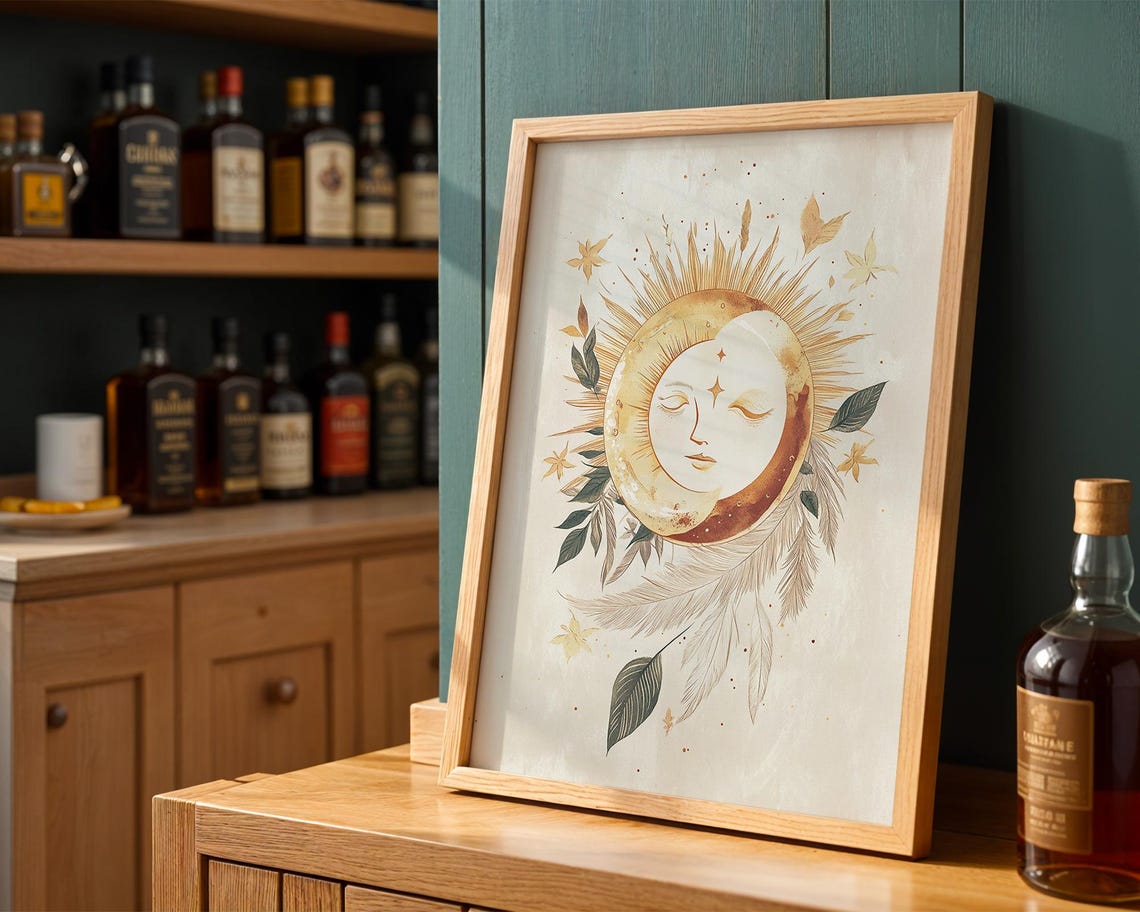 Golden Celestial Sun Moon Face Botanical Mystical Boho Poster - Image 3