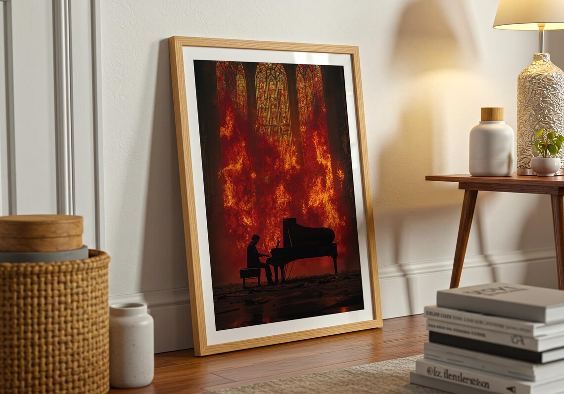 Piano In Inferno Art Print, Gothic Fire Scene - Image 3
