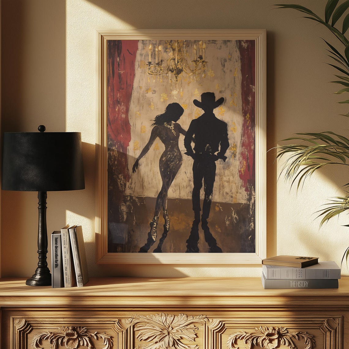 Elegant Cowboy Couple Dancing Silhouette Chandelier Romance Art Poster