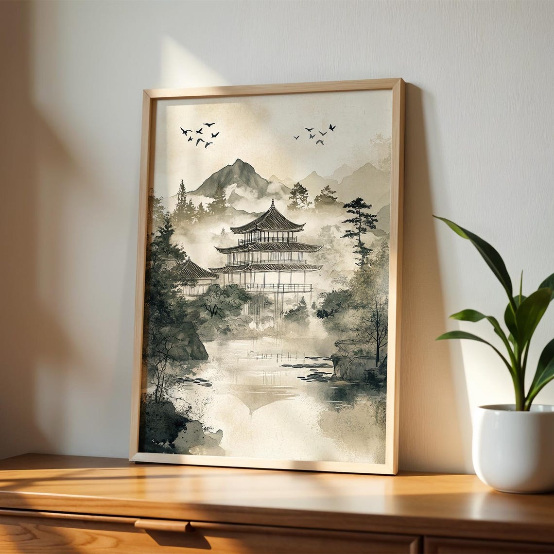 Japanese Pagoda Misty Mountain Ink Wash Temple Landscape Poster