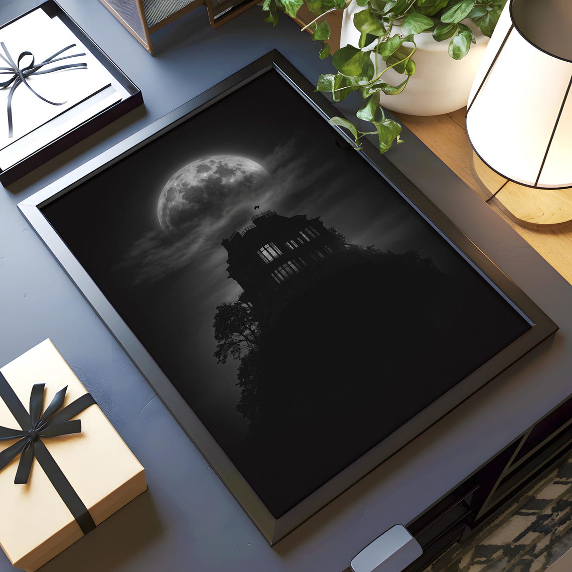 Haunted Victorian House Full Moon Black and White Gothic Poster - Image 4