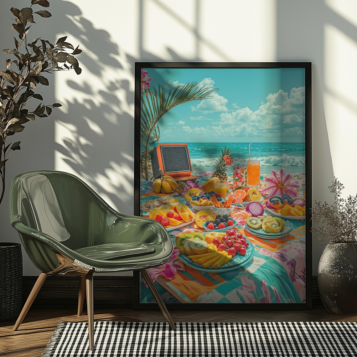 Tropical Beach Picnic Art Print Vibrant Summer Fruit Poster Oceanfront Brunch Wall - Image 2