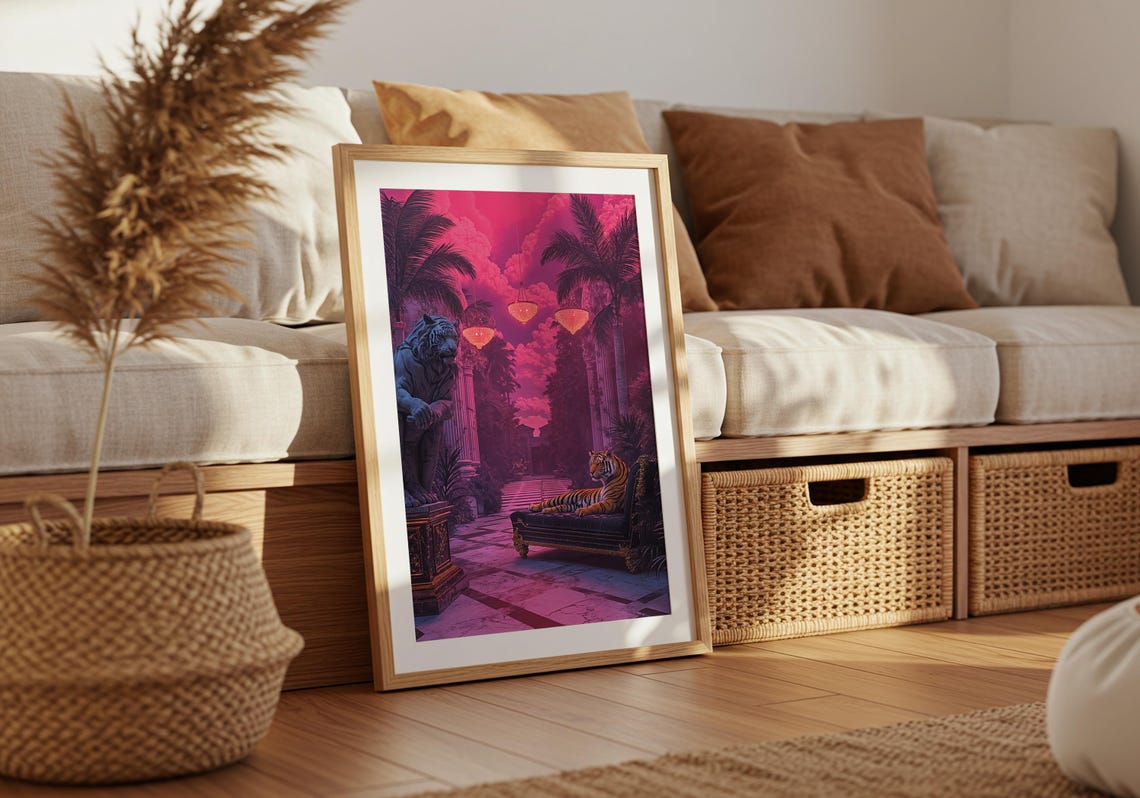 Luxe Tiger Fantasy Art Print Neon Jungle Palace Poster - Image 3