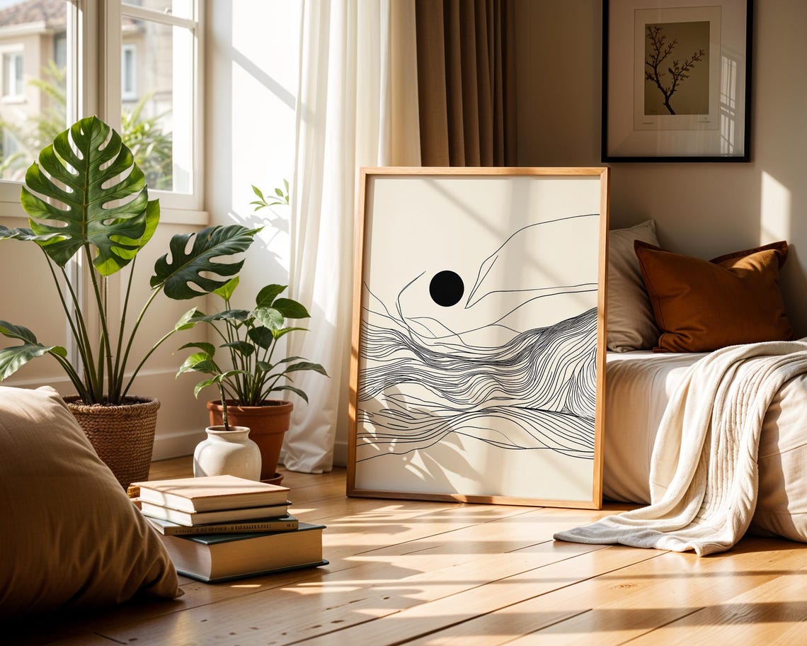 Minimalist Black Sun Line Art Print Abstract Wave Mountain Design - Image 3