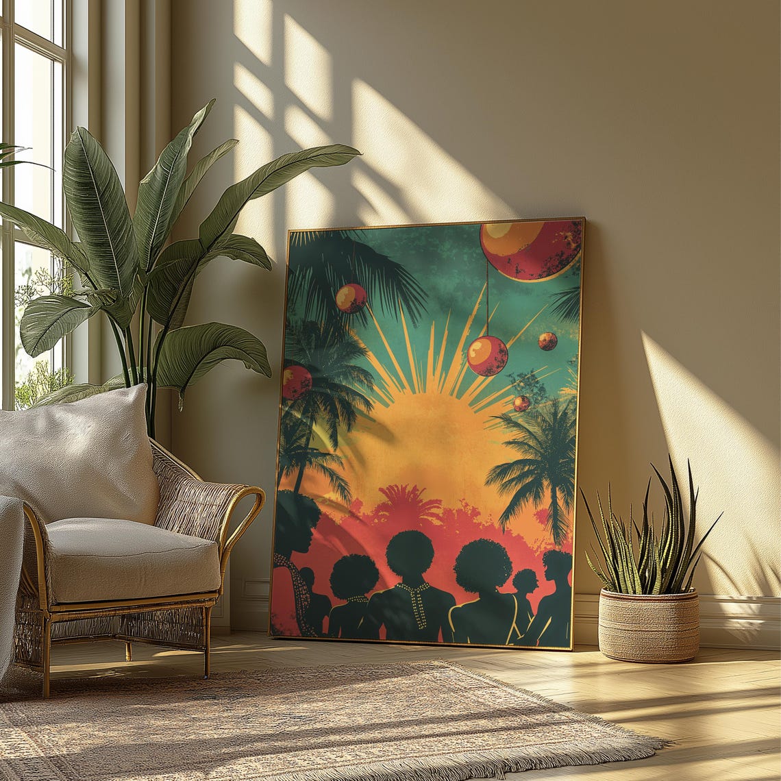 Retro Tropical Sunset Palm Trees Silhouette Crowd Vintage Art Poster - Image 2