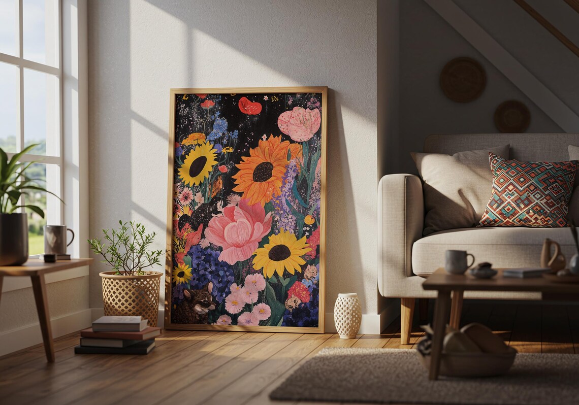 Vibrant Flower Garden Colorful Floral Cat Surreal Night Art Print - Image 3
