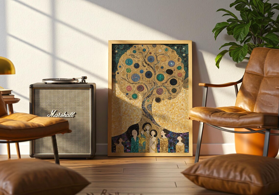 Klimt Inspired Golden Mosaic Tree of Life With Elegant Women Luxury Wall Art - Image 5