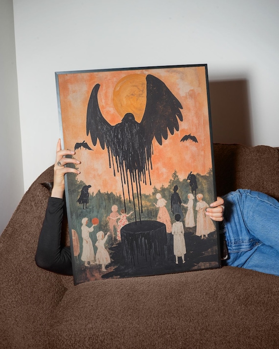 Gothic Folk Midnight Ritual Children Black Winged Spirit Orange Moon Wall Art