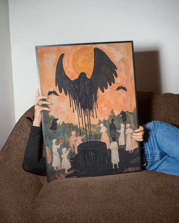 Gothic Folk Scene Art Print Midnight Ritual Poster Surreal Fantasy Wall