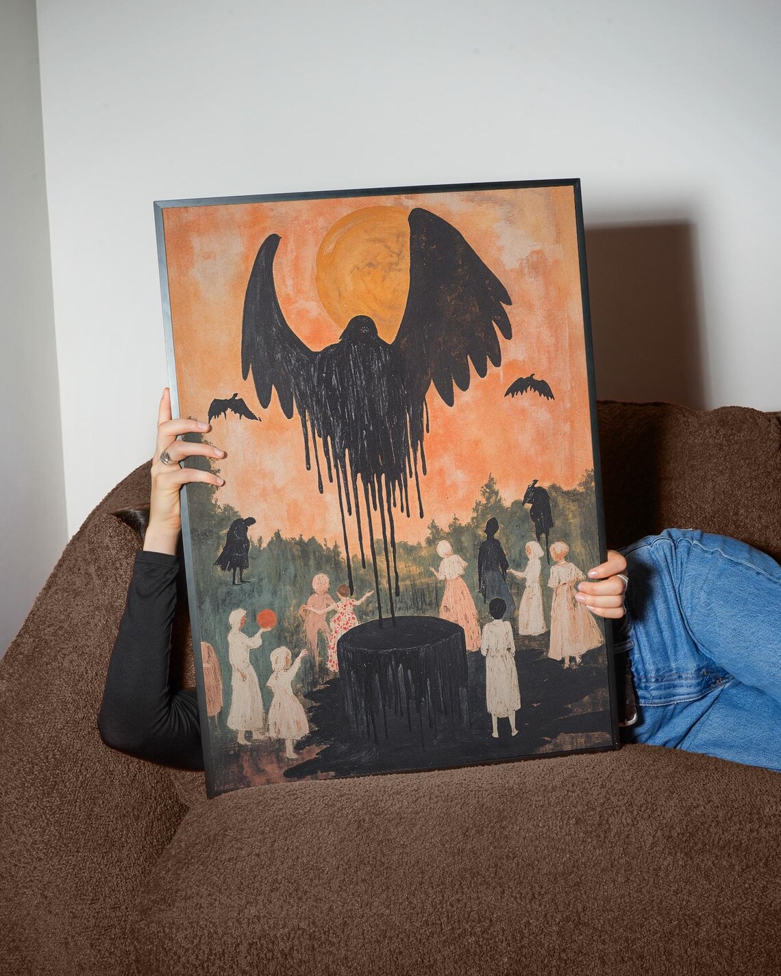 Gothic Folk Midnight Ritual Children Black Winged Spirit Orange Moon Wall Art