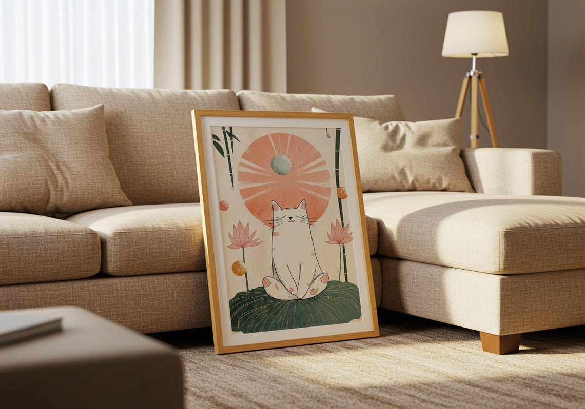 White Spotted Cat Meditating on a Lotus Leaf Under a Peach Sun Poster - Image 5