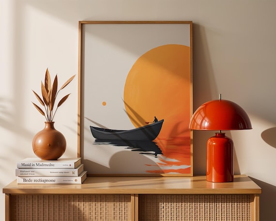 Lone Boat Giant Orange Sun Minimalist Sunset Lake Wall Poster