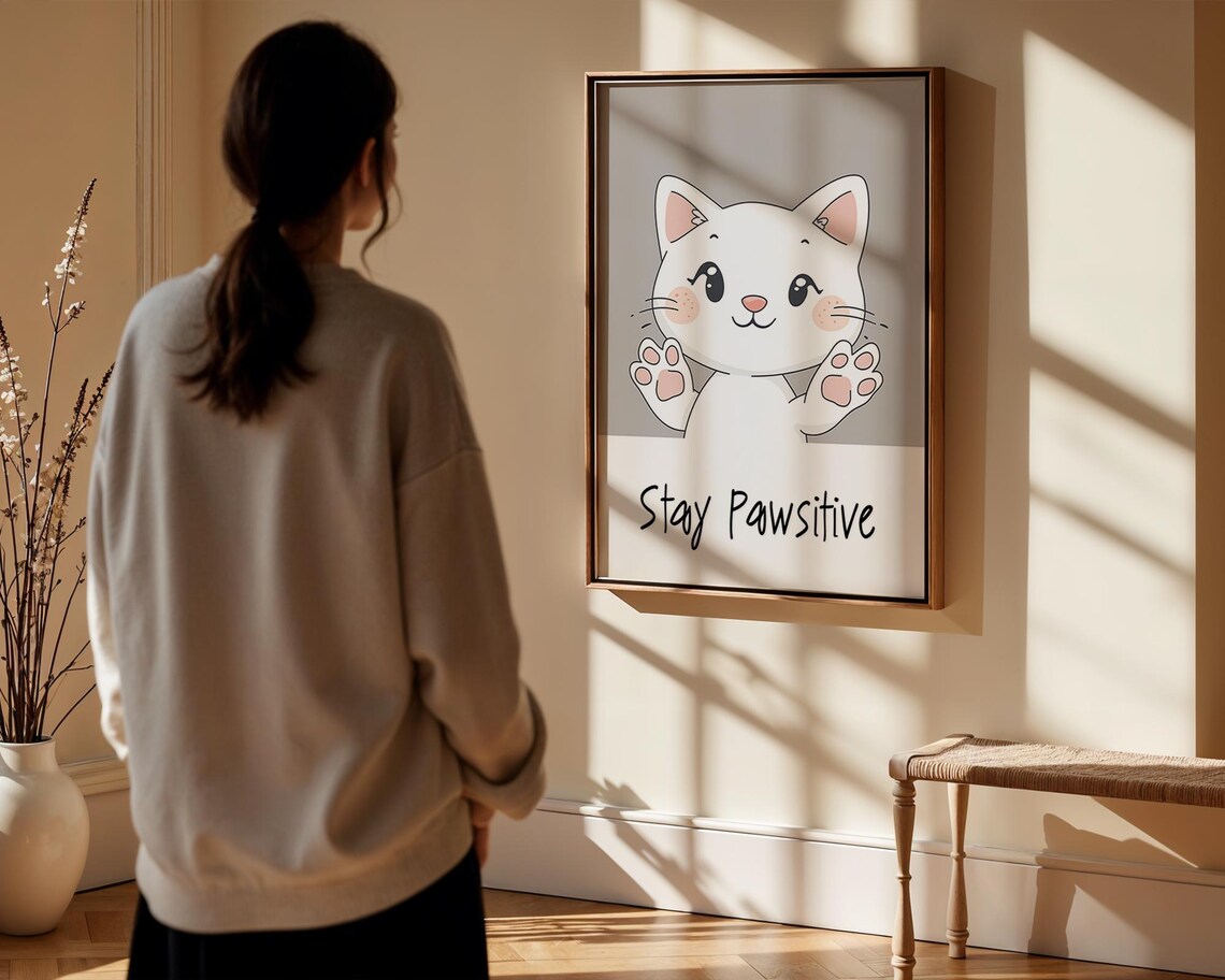 Stay Pawsitive Cute White Cat Nursery Kids Room Decor Wall Poster - Image 2